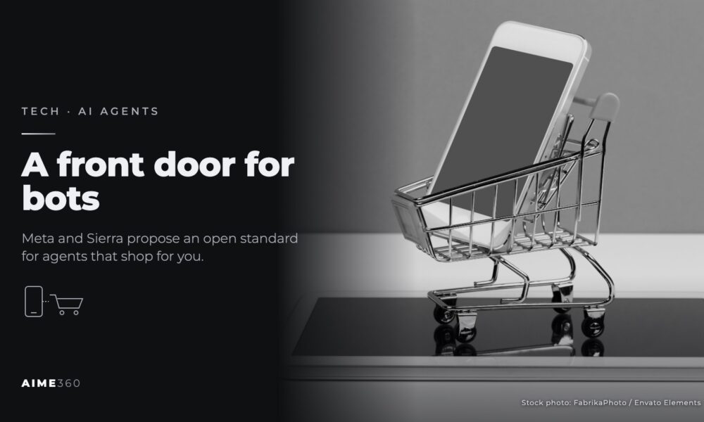 A smartphone sitting in a miniature shopping cart, in black and white, beside the headline A front door for bots