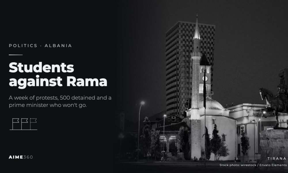 Skanderbeg Square in Tirana lit at night, in black and white, beside the headline Students against Rama