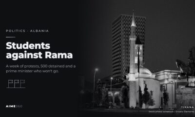 Skanderbeg Square in Tirana lit at night, in black and white, beside the headline Students against Rama