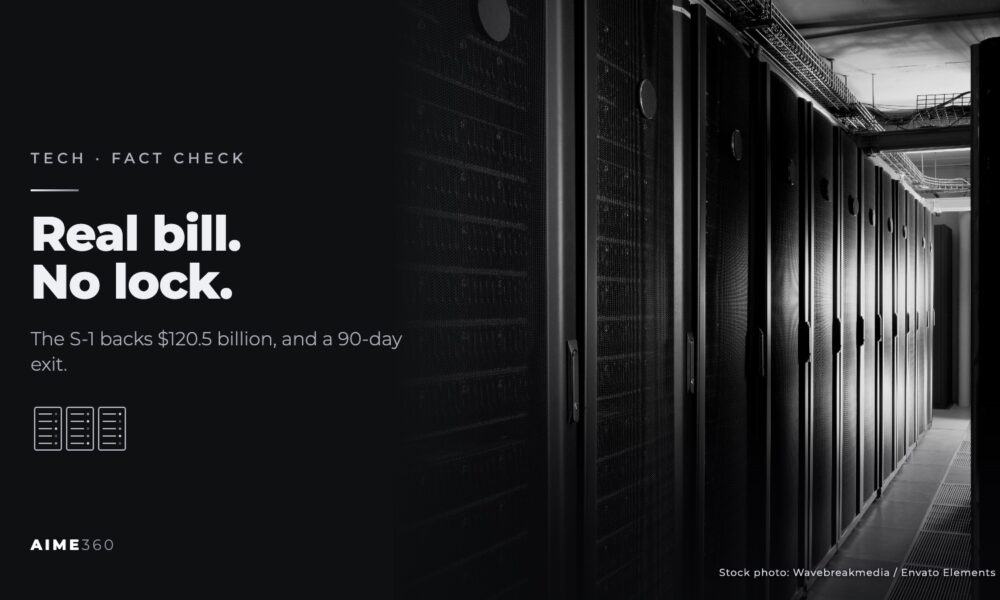 Rows of server racks in a data center, beside the headline Real bill. No lock.