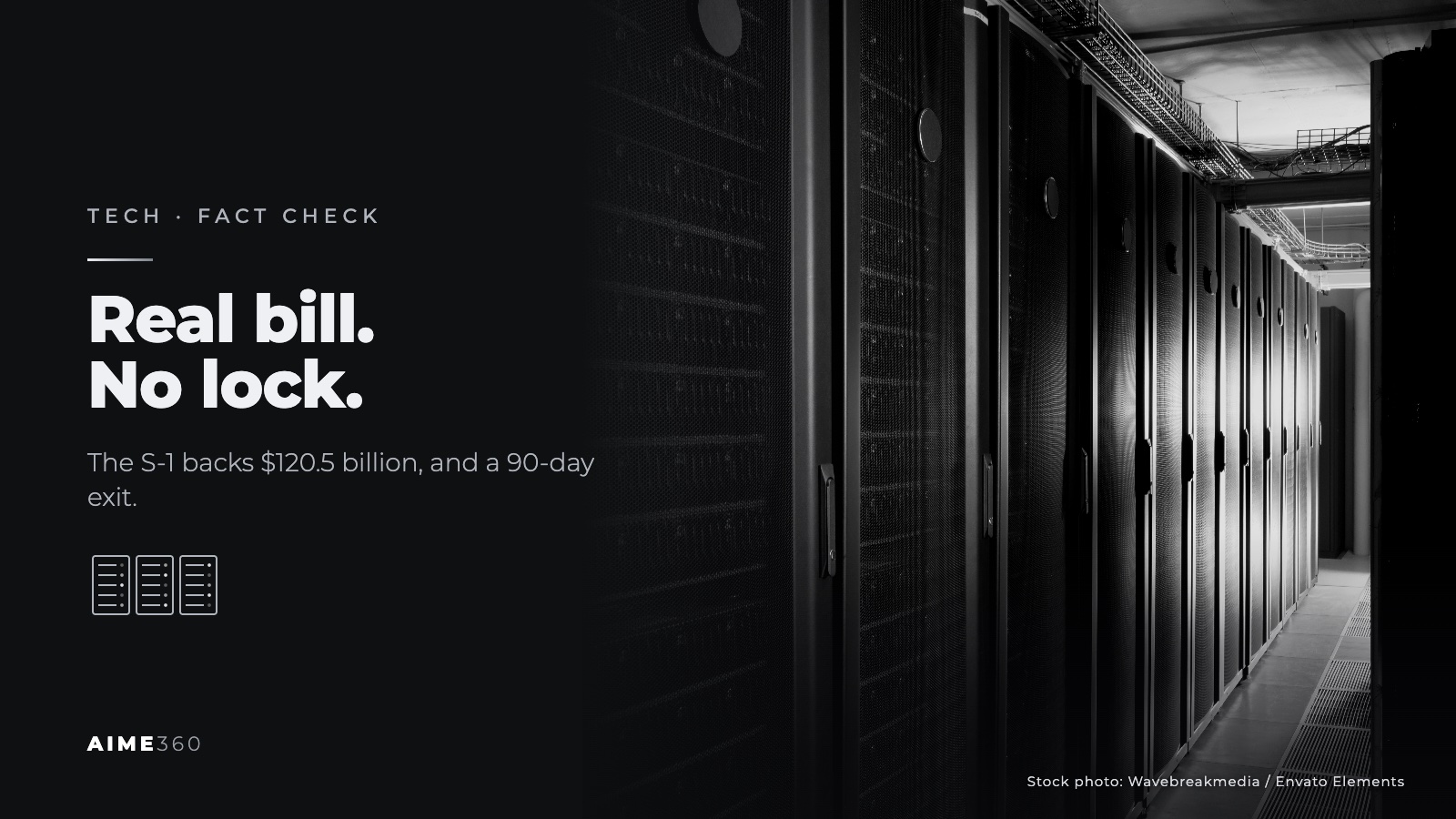 Rows of server racks in a data center, beside the headline Real bill. No lock.
