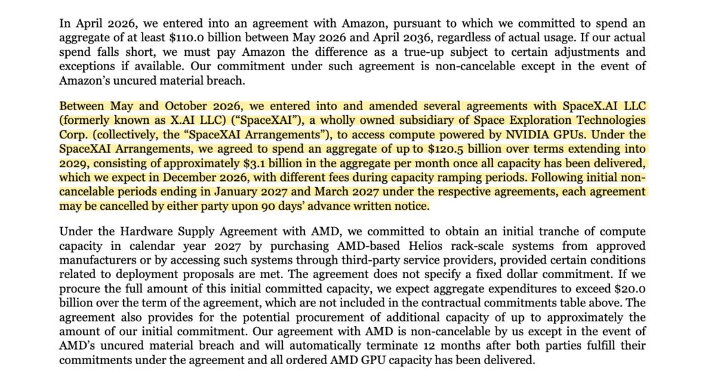 Page 171 of Anthropic's S-1 with the SpaceX paragraph highlighted