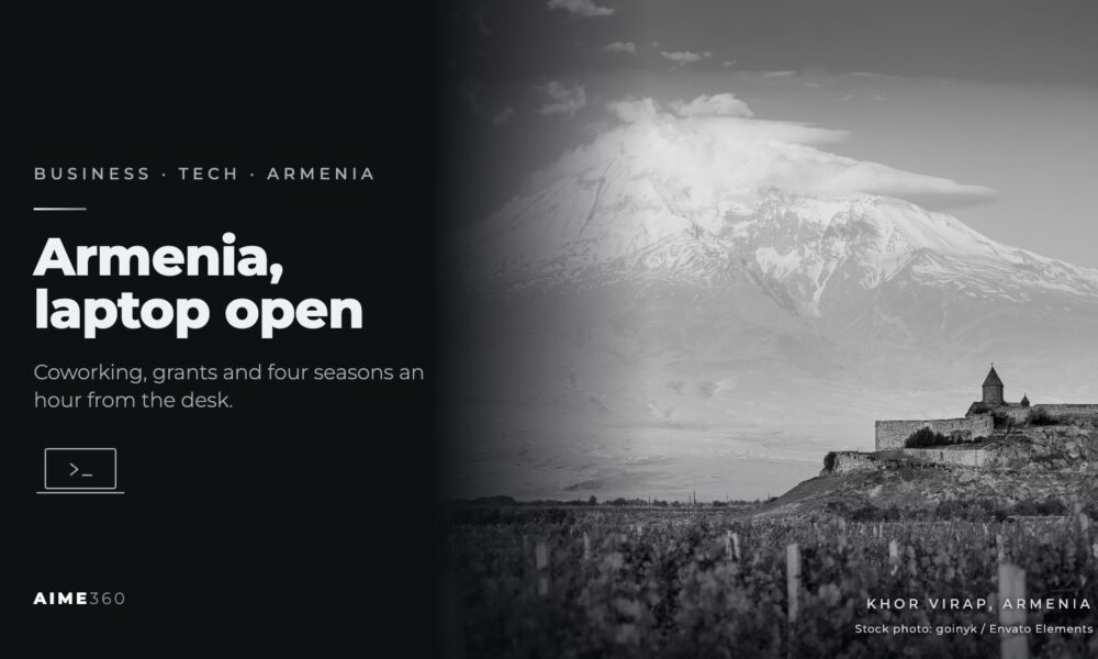 Khor Virap monastery and Mount Ararat beside the headline Armenia, laptop open