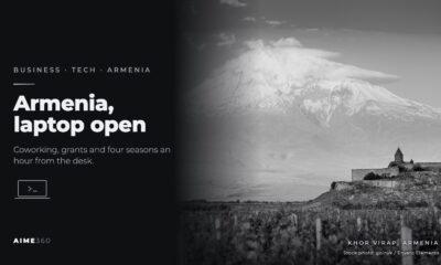 Khor Virap monastery and Mount Ararat beside the headline Armenia, laptop open