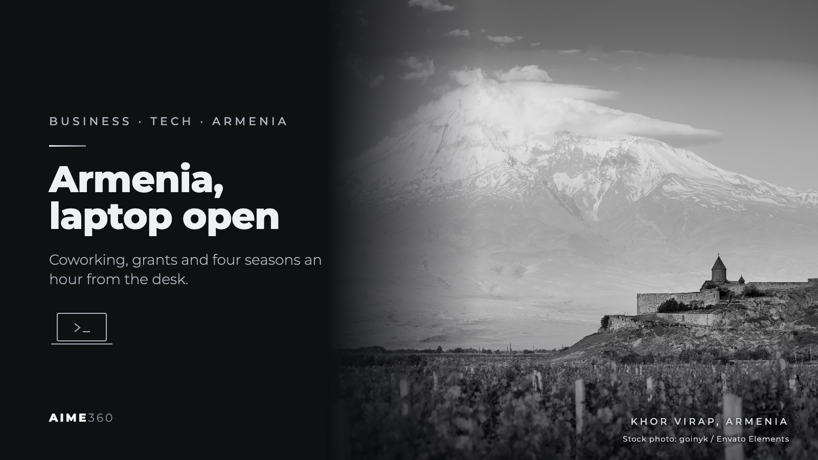 Khor Virap monastery and Mount Ararat beside the headline Armenia, laptop open