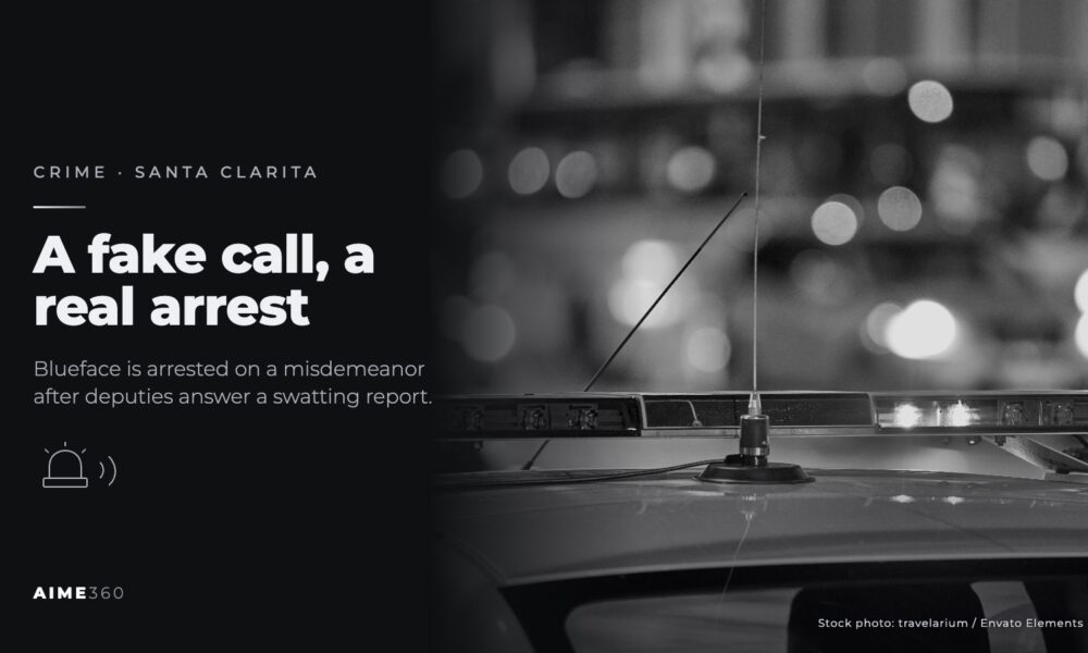 Emergency lights on a police car at night, in black and white, beside the headline A fake call, a real arrest