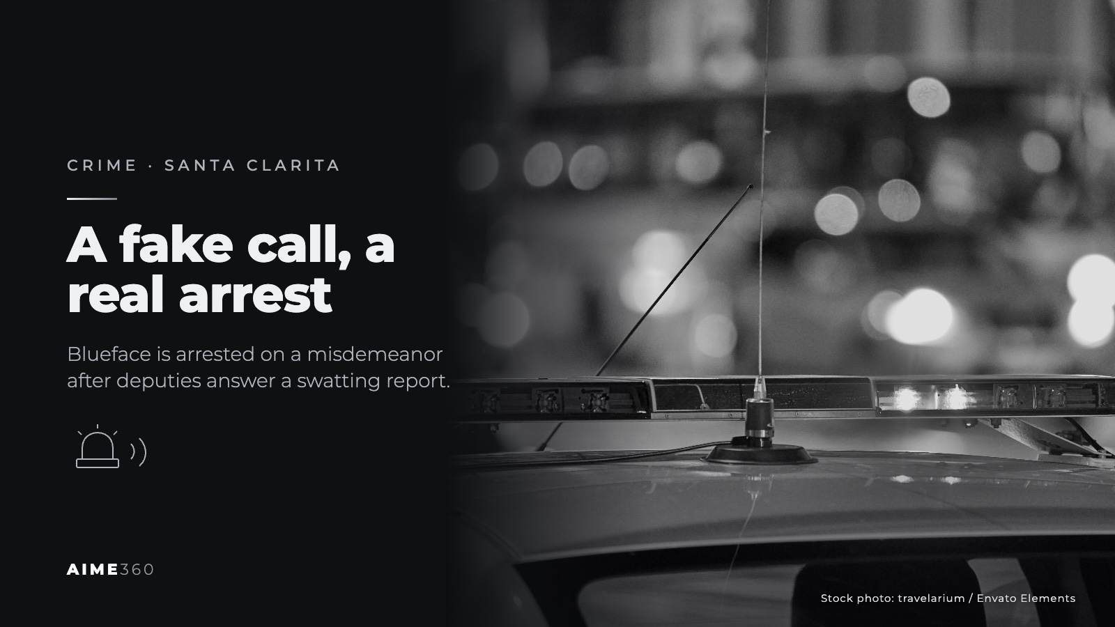 Emergency lights on a police car at night, in black and white, beside the headline A fake call, a real arrest
