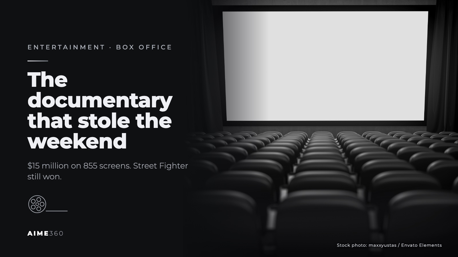 An empty cinema with rows of seats facing a blank screen, in black and white, beside the headline The documentary that stole the weekend