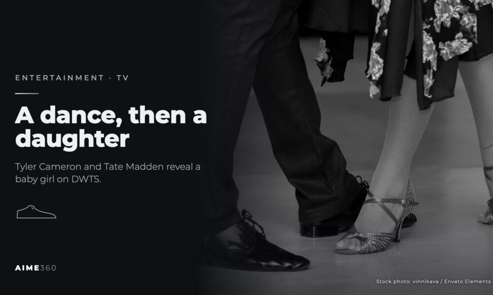 Two ballroom dancers' legs and shoes on a dance floor, in black and white, beside the headline A dance, then a daughter