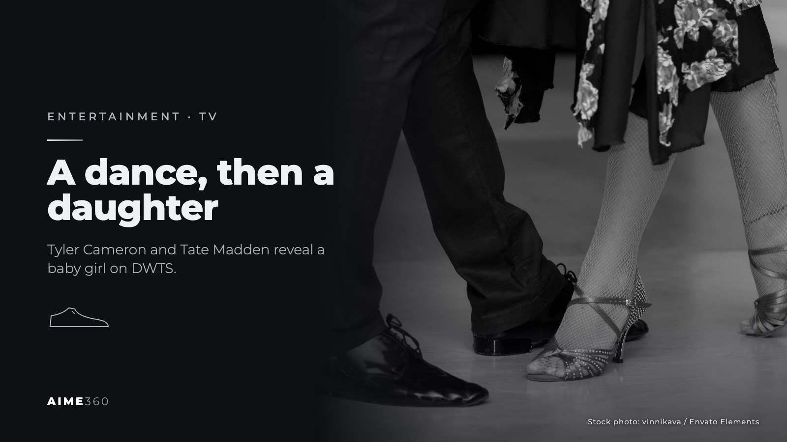 Two ballroom dancers' legs and shoes on a dance floor, in black and white, beside the headline A dance, then a daughter