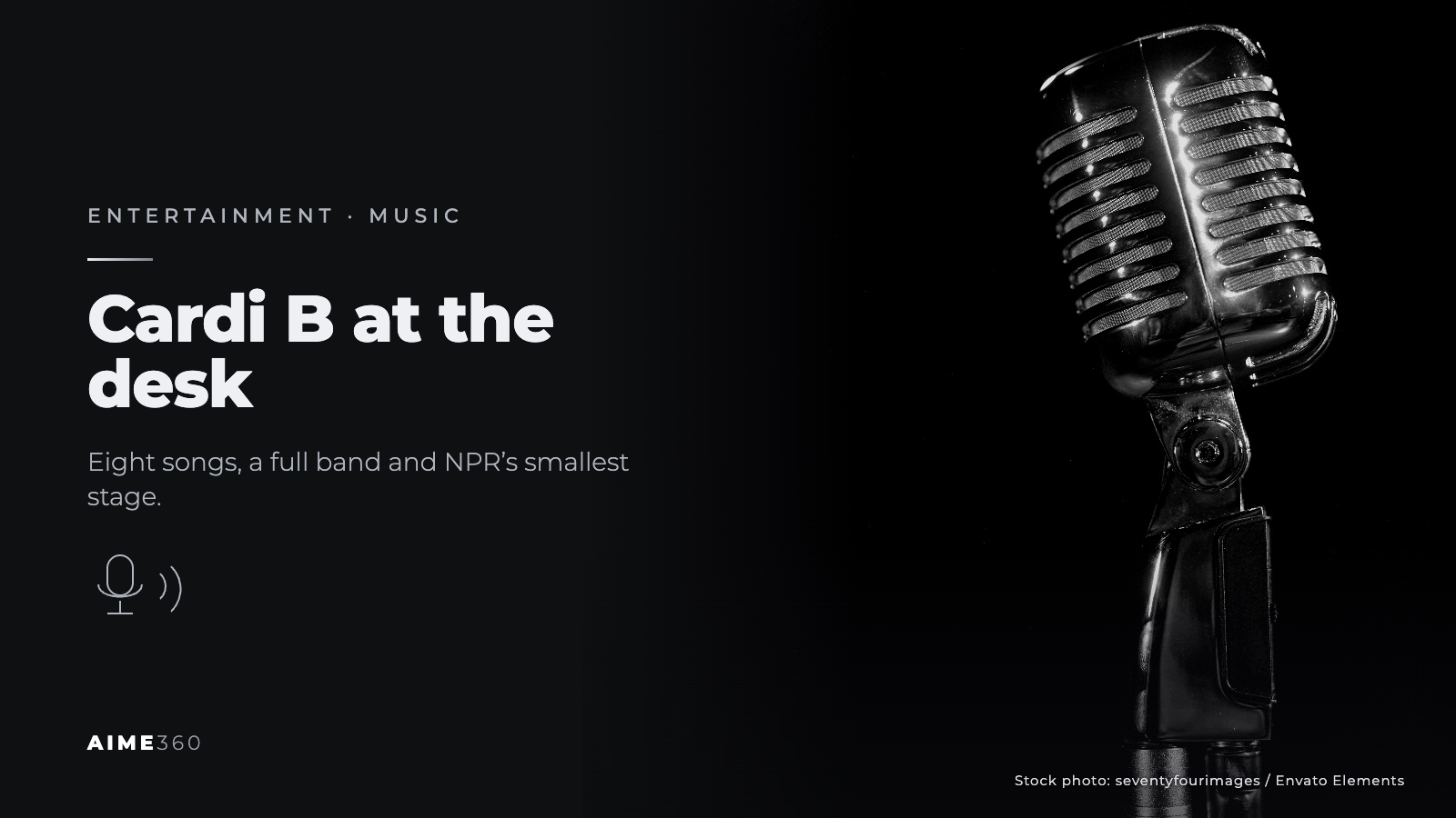A vintage microphone under stage lights, in black and white, beside the headline Cardi B at the desk
