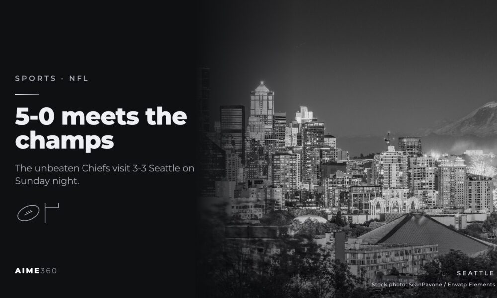 The Seattle skyline at night with Mount Rainier behind it, in black and white, beside the headline 5-0 meets the champs
