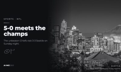 The Seattle skyline at night with Mount Rainier behind it, in black and white, beside the headline 5-0 meets the champs