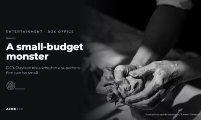 Hands shaping wet clay in a studio, in black and white, beside the headline A small-budget monster