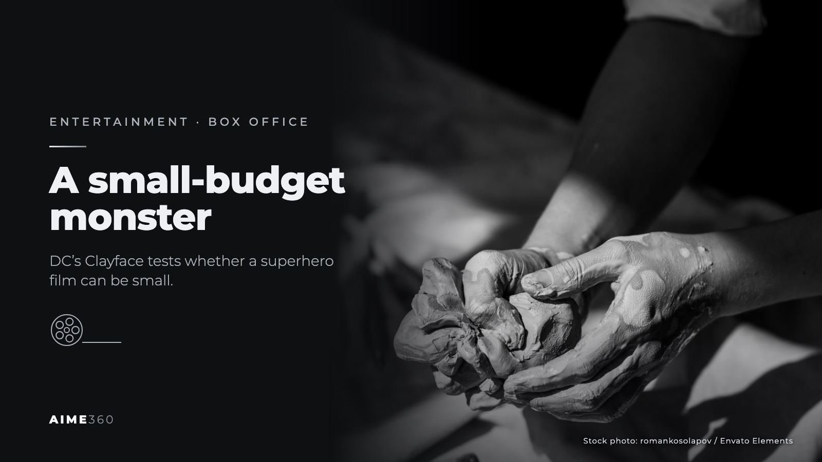Hands shaping wet clay in a studio, in black and white, beside the headline A small-budget monster