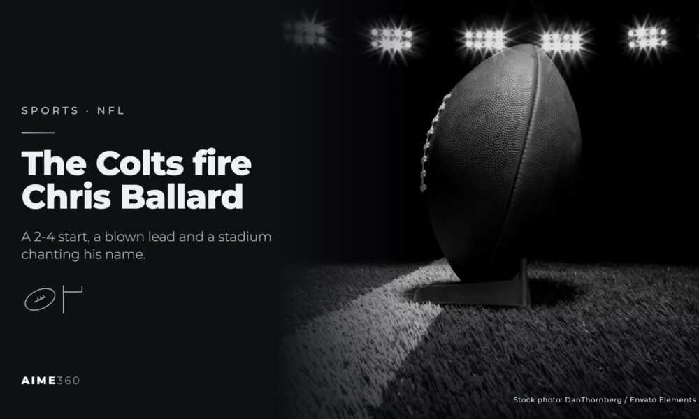 An American football on a kicking tee under stadium lights, in black and white, beside the headline The Colts fire Chris Ballard
