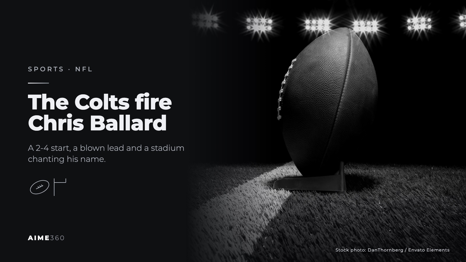 An American football on a kicking tee under stadium lights, in black and white, beside the headline The Colts fire Chris Ballard