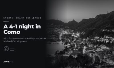 The city of Como on Lake Como at night, in black and white, beside the headline A 4-1 night in Como