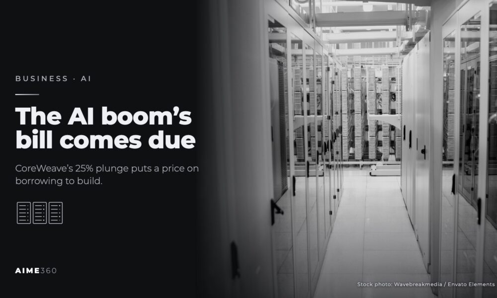 A corridor between rows of server racks in a data center, in black and white, next to the headline The AI boom's bill comes due