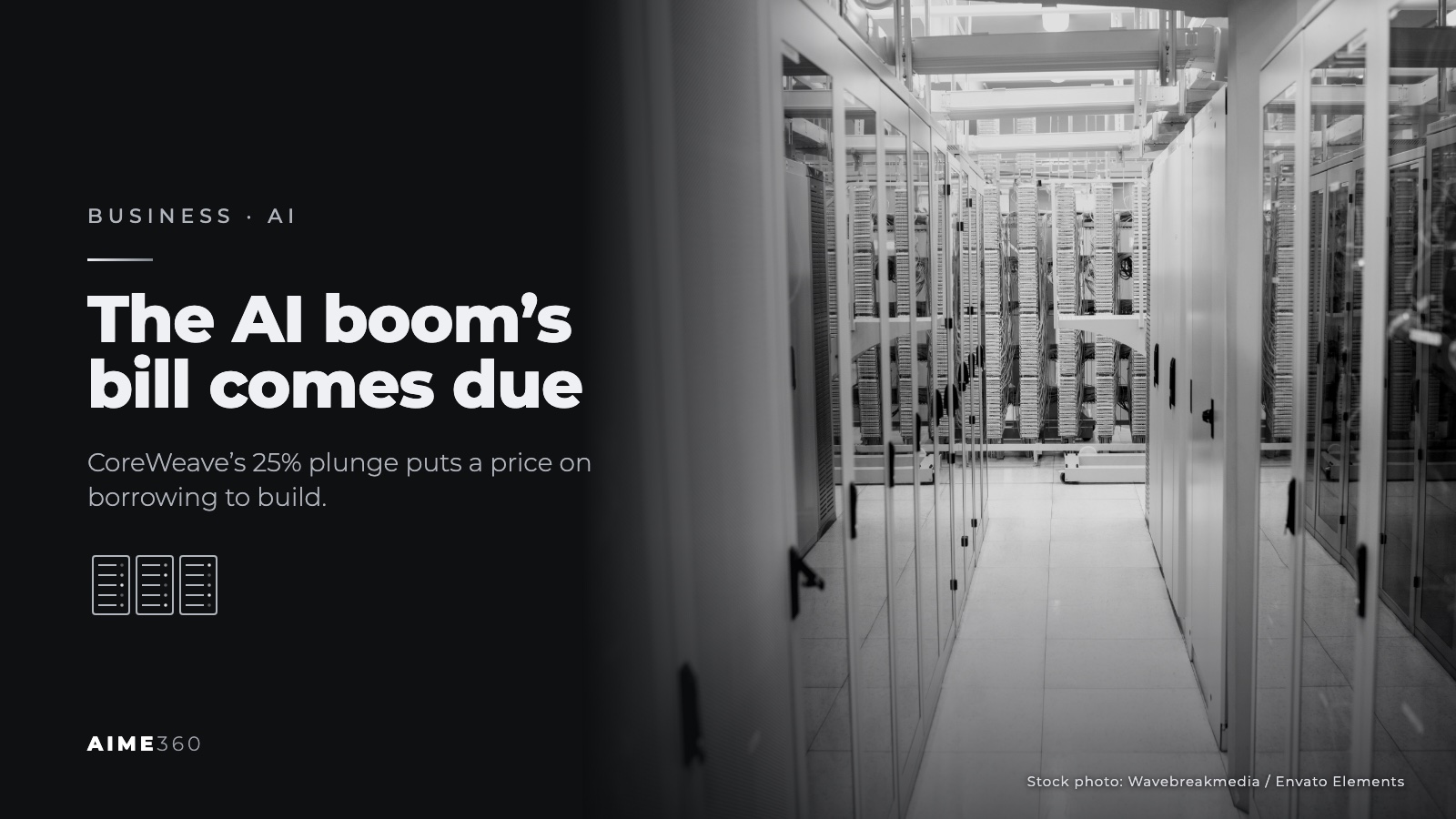 A corridor between rows of server racks in a data center, in black and white, next to the headline The AI boom's bill comes due