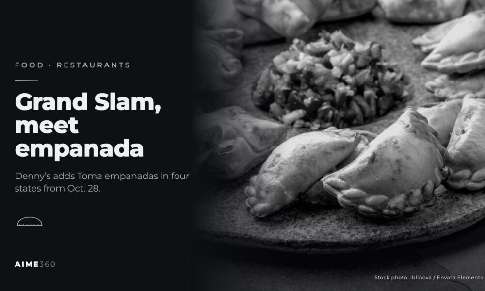 Golden empanadas around a bowl of salsa on a stone plate, in black and white, beside the headline Grand Slam, meet empanada