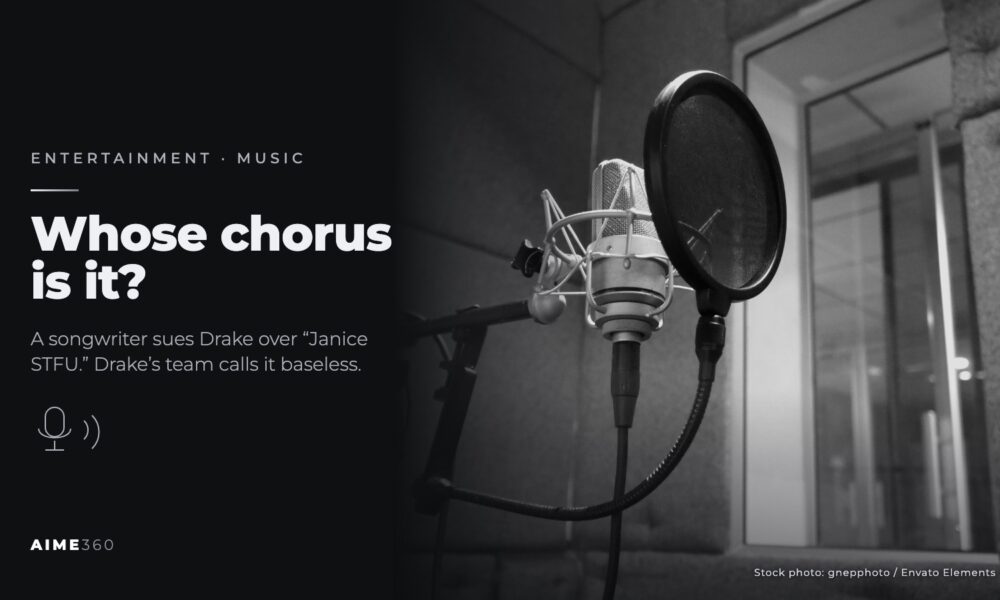 A studio microphone with a pop filter, in black and white, beside the headline Whose chorus is it?