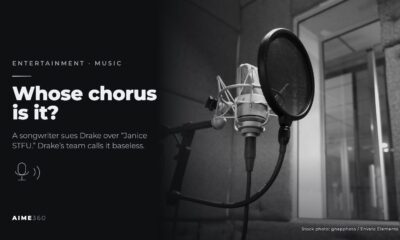 A studio microphone with a pop filter, in black and white, beside the headline Whose chorus is it?