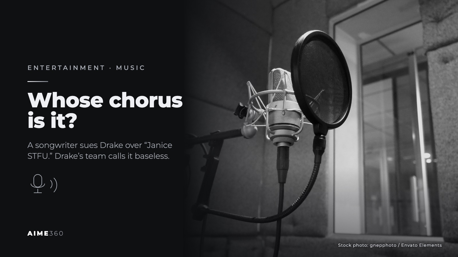 A studio microphone with a pop filter, in black and white, beside the headline Whose chorus is it?