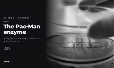 A gloved hand holding a petri dish, in black and white, beside the headline The Pac-Man enzyme