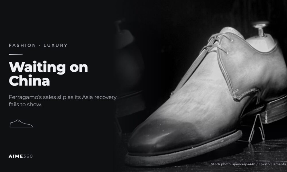 A polished leather dress shoe on a display stand, in black and white, beside the headline Waiting on China