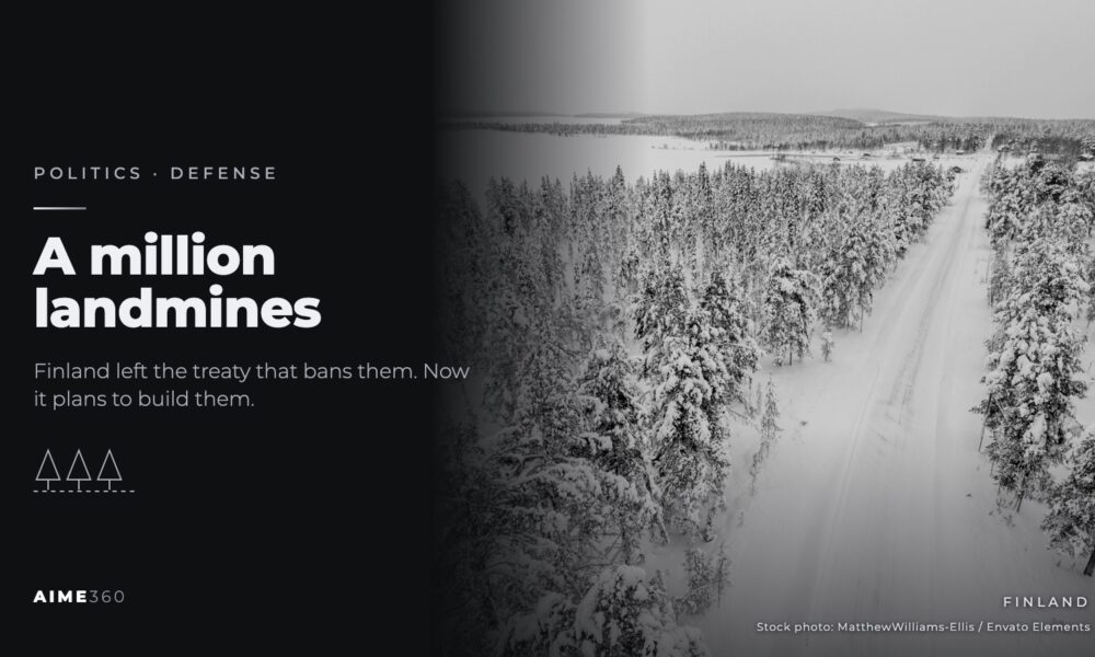 An aerial view of a snowy forest road in Lapland, Finland, in black and white, beside the headline A million landmines