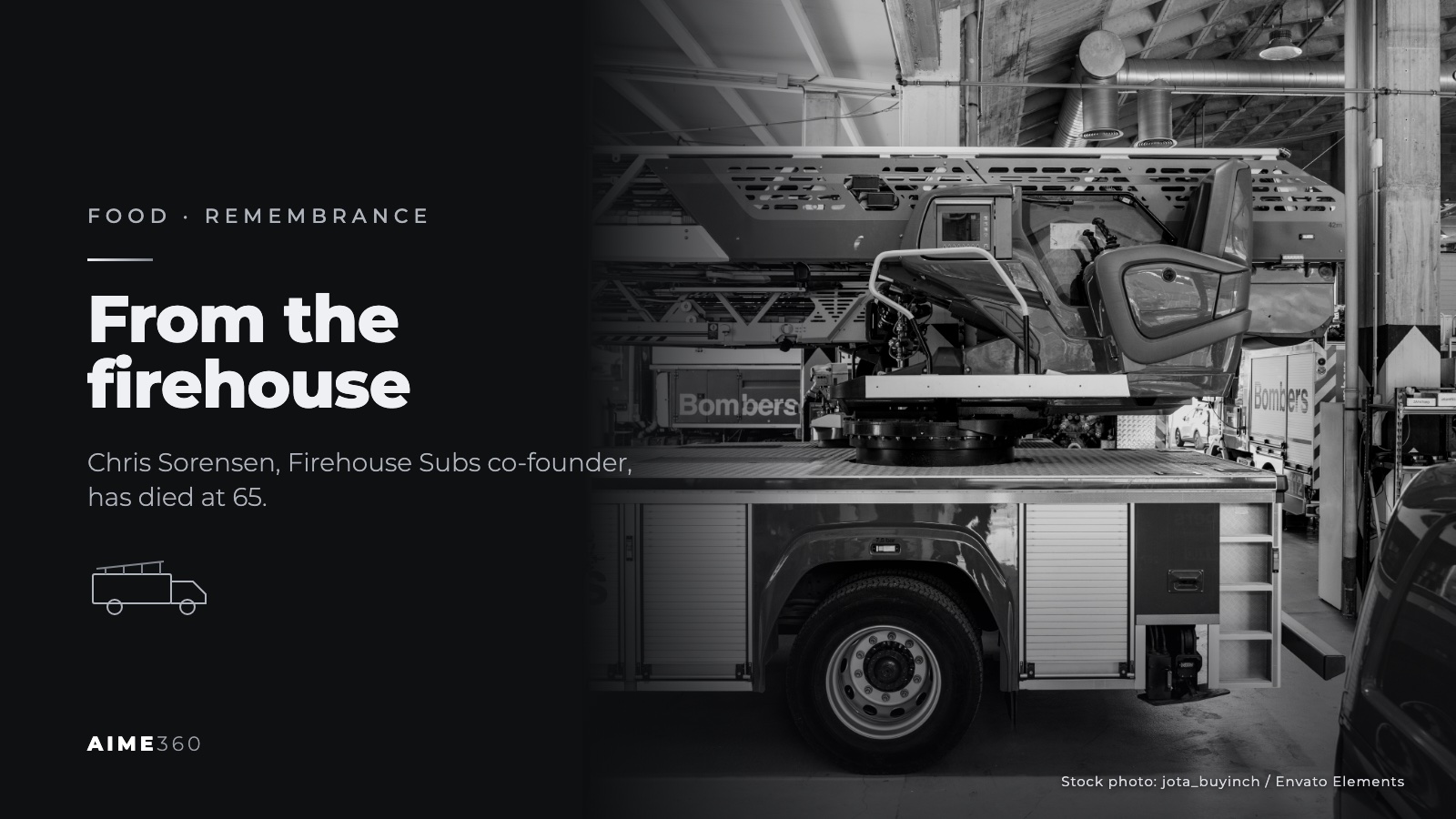 A fire truck parked inside a fire station, in black and white, beside the headline From the firehouse