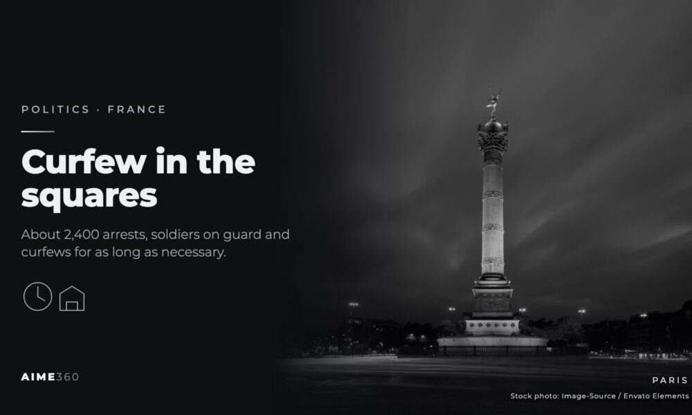 The July Column on Place de la Bastille in Paris at night, in black and white, beside the headline Curfew in the squares