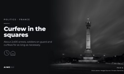 The July Column on Place de la Bastille in Paris at night, in black and white, beside the headline Curfew in the squares