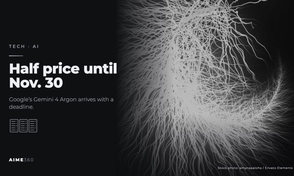 Glowing branching lines on a dark background, in black and white, beside the headline Half price until Nov. 30