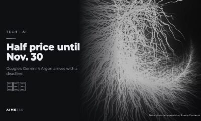 Glowing branching lines on a dark background, in black and white, beside the headline Half price until Nov. 30