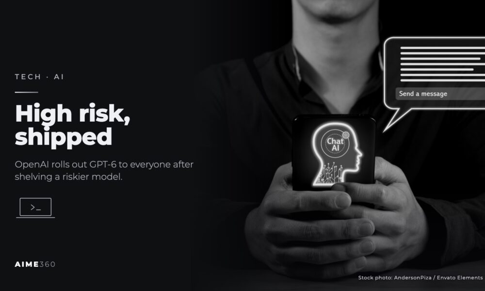 A man holding a phone showing an AI chat graphic, in black and white, beside the headline High risk, shipped