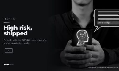 A man holding a phone showing an AI chat graphic, in black and white, beside the headline High risk, shipped