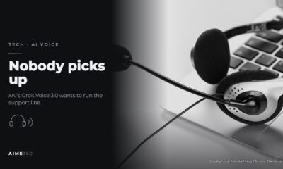 A headset resting on a laptop keyboard, in black and white, beside the headline Nobody picks up