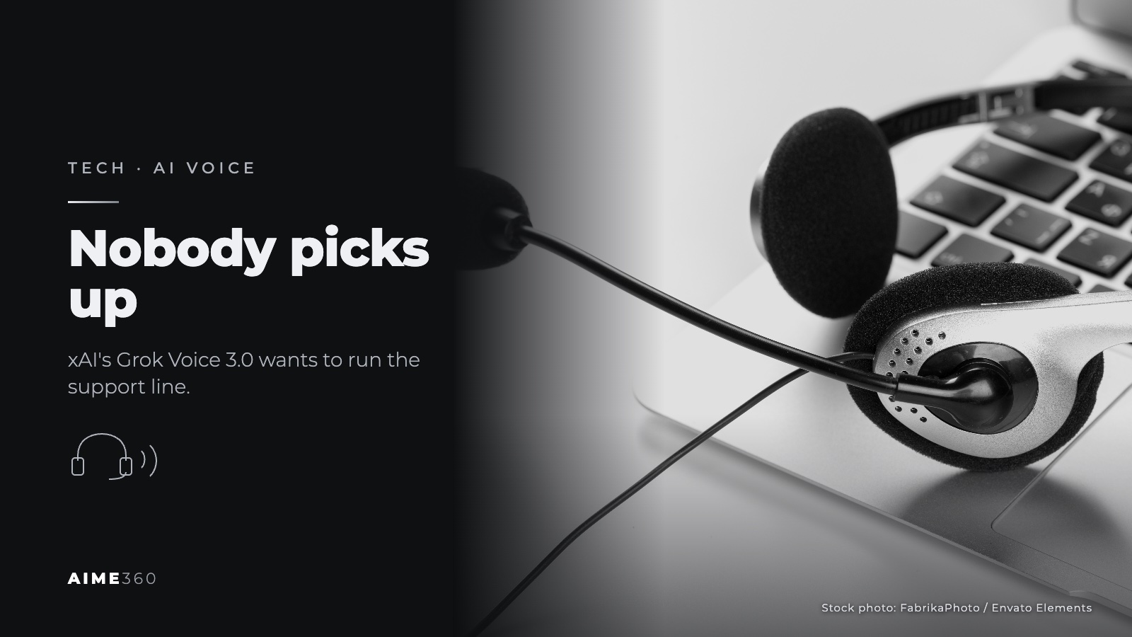 A headset resting on a laptop keyboard, in black and white, beside the headline Nobody picks up