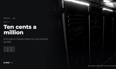Rows of server cabinets in a dark data center, in black and white, beside the headline Ten cents a million