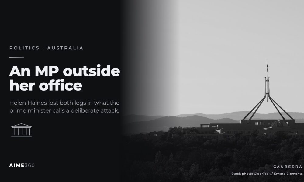 Parliament House in Canberra above the trees, in black and white, beside the headline An MP outside her office