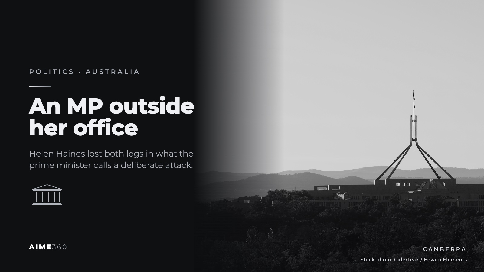 Parliament House in Canberra above the trees, in black and white, beside the headline An MP outside her office