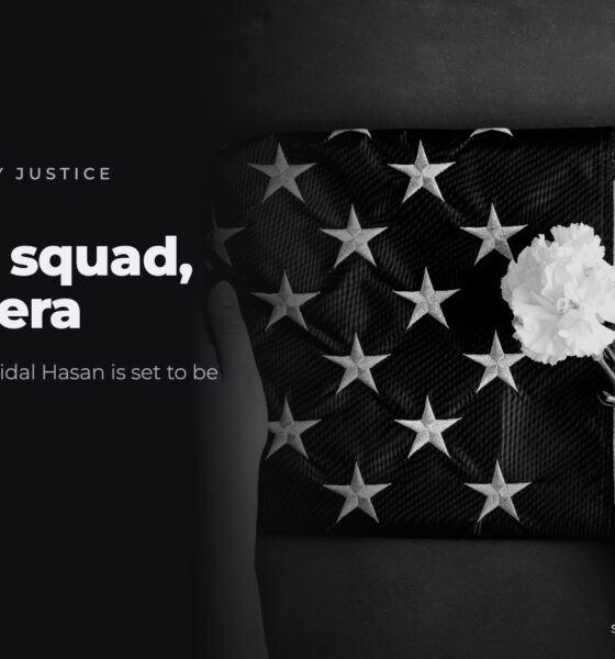 A hand placing a white flower on a folded American flag, in black and white, beside the headline A firing squad, no camera