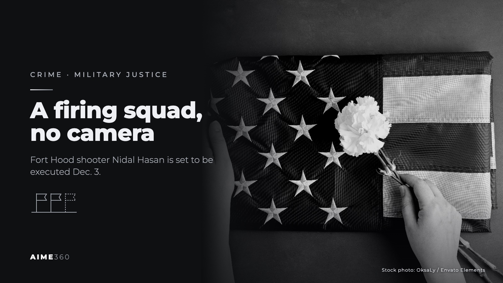 A hand placing a white flower on a folded American flag, in black and white, beside the headline A firing squad, no camera
