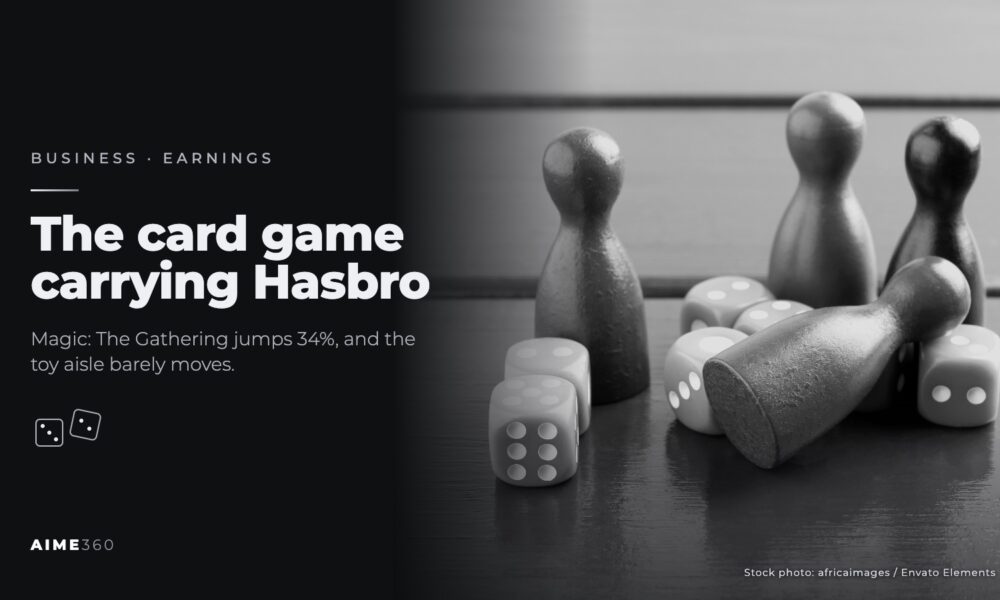 Board game pieces and dice on a wooden table, in black and white, beside the headline The card game carrying Hasbro