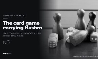 Board game pieces and dice on a wooden table, in black and white, beside the headline The card game carrying Hasbro