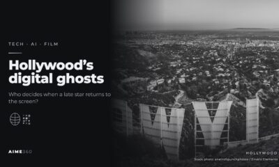 The back of the Hollywood sign above Los Angeles in black and white beside the headline Hollywood's digital ghosts