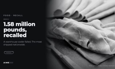 Sliced ham on a board, in black and white, beside the headline 1.58 million pounds, recalled