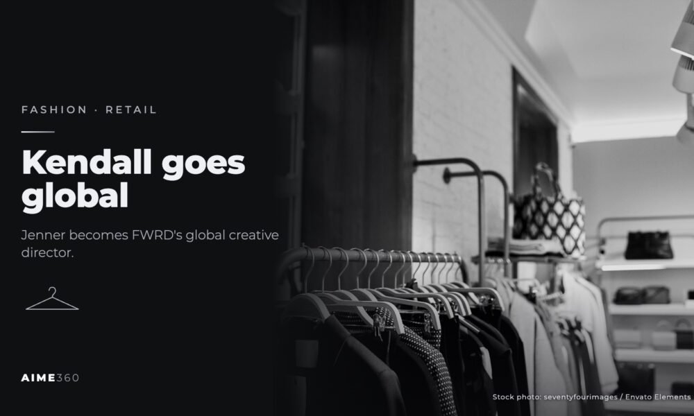Clothes on racks in a boutique, in black and white, beside the headline Kendall goes global